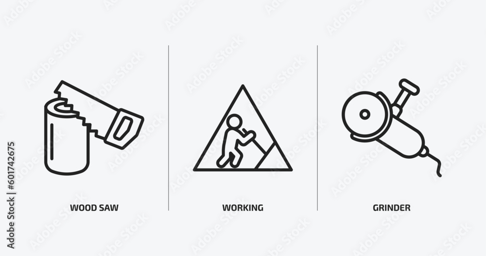 construction outline icons set. construction icons such as wood saw, working, grinder vector. can be used web and mobile. construction outline icons set. construction icons such as wood saw, working, grinder vector. can be used web and mobile.