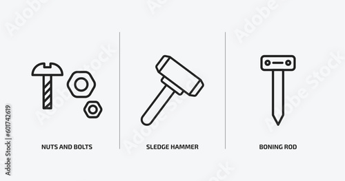 construction tools outline icons set. construction tools icons such as nuts and bolts, sledge hammer, boning rod vector. can be used web and mobile.