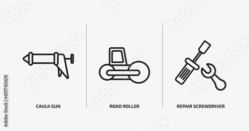construction tools outline icons set. construction tools icons such as caulk gun, road roller, repair screwdriver vector. can be used web and mobile.