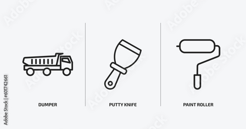 construction tools outline icons set. construction tools icons such as dumper, putty knife, paint roller vector. can be used web and mobile.