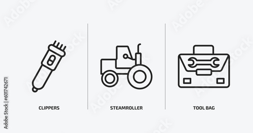construction outline icons set. construction icons such as clippers, steamroller, tool bag vector. can be used web and mobile.