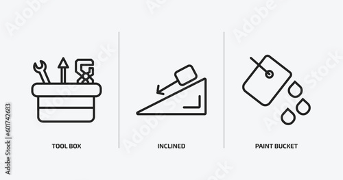 construction outline icons set. construction icons such as tool box, inclined, paint bucket vector. can be used web and mobile.