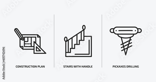 construction outline icons set. construction icons such as construction plan, stairs with handle, pickaxes drilling vector. can be used web and mobile.
