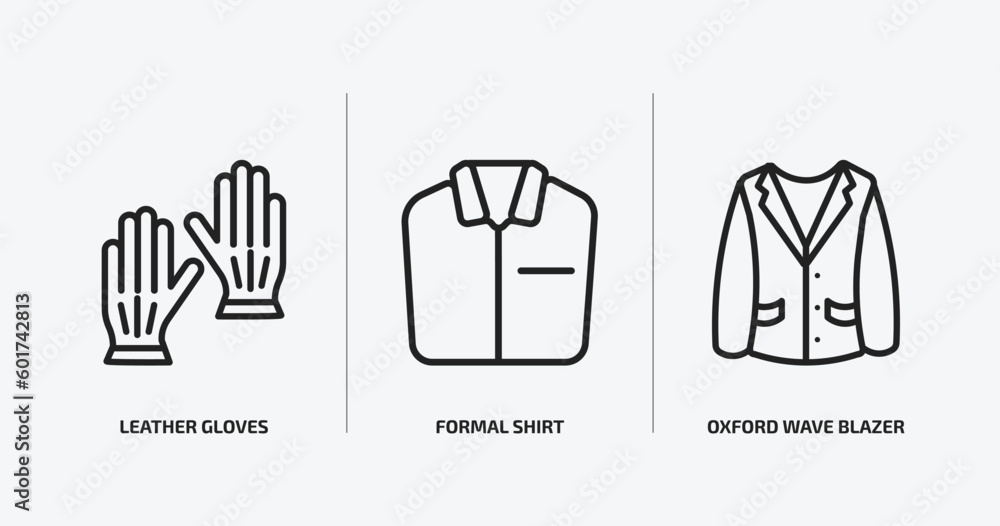 clothes outline icons set. clothes icons such as leather gloves, formal shirt, oxford wave blazer vector. can be used web and mobile.