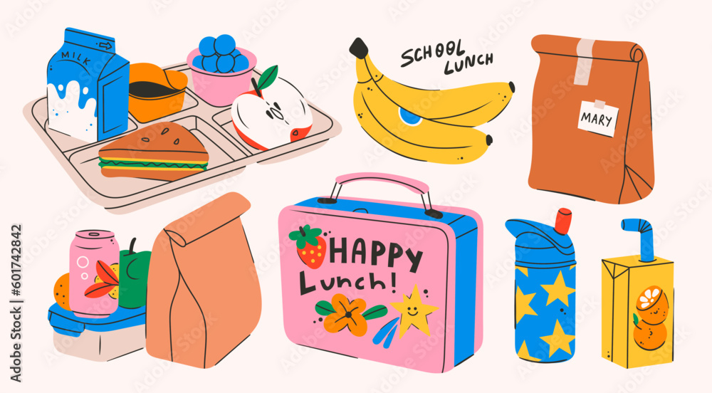 School lunch box, container, tray with meals, paper bag. Various food: sandwich, fruits, milk, juice, soda. Hand drawn Vector illustration. Isolated elements, design templates. Healthy food concept - obrazy, fototapety, plakaty 