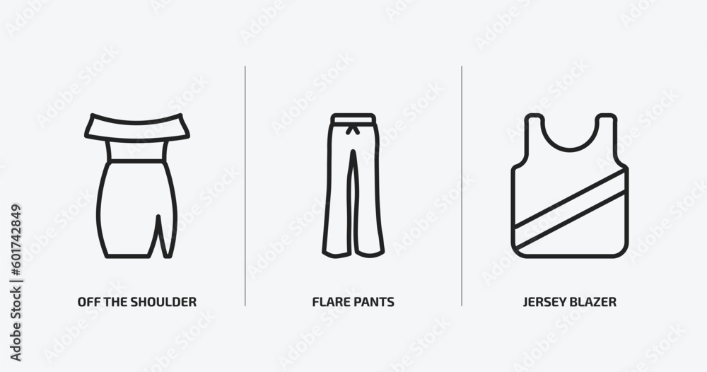 clothes outline icons set. clothes icons such as off the shoulder dress, flare pants, jersey blazer vector. can be used web and mobile. clothes outline icons set. clothes icons such as off the shoulder dress, flare pants, jersey blazer vector. can be used web and mobile.