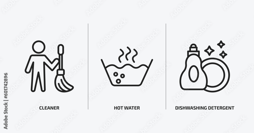 Fototapeta premium cleaning outline icons set. cleaning icons such as cleaner, hot water, dishwashing detergent vector. can be used web and mobile.