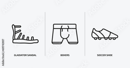 clothes outline icons set. clothes icons such as gladiator sandal, boxers, soccer shoe vector. can be used web and mobile.