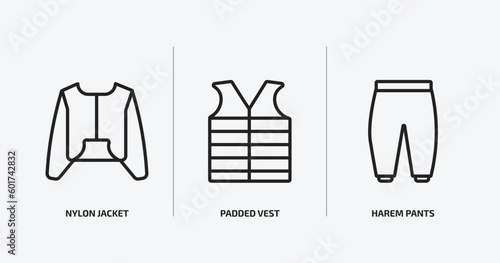 clothes outline icons set. clothes icons such as nylon jacket, padded vest, harem pants vector. can be used web and mobile.