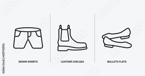 clothes outline icons set. clothes icons such as denim shorts, leather chelsea boots, ballets flats vector. can be used web and mobile.