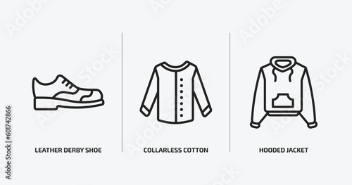 clothes outline icons set. clothes icons such as leather derby shoe, collarless cotton shirt, hooded jacket vector. can be used web and mobile.