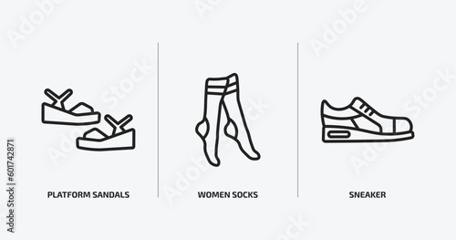 clothes outline icons set. clothes icons such as platform sandals  women socks  sneaker vector. can be used web and mobile.