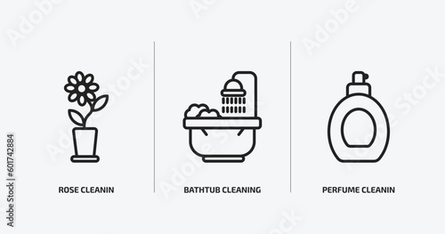 cleaning outline icons set. cleaning icons such as rose cleanin, bathtub cleaning, perfume cleanin vector. can be used web and mobile.