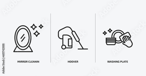 cleaning outline icons set. cleaning icons such as mirror cleanin, hoover, washing plate vector. can be used web and mobile.