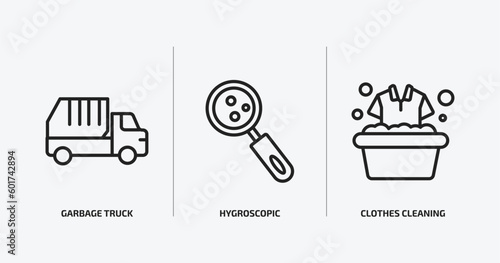 cleaning outline icons set. cleaning icons such as garbage truck, hygroscopic, clothes cleaning vector. can be used web and mobile.