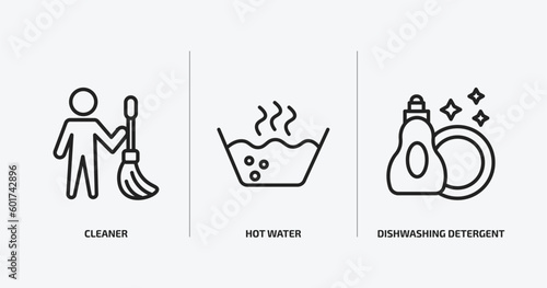 cleaning outline icons set. cleaning icons such as cleaner, hot water, dishwashing detergent vector. can be used web and mobile.