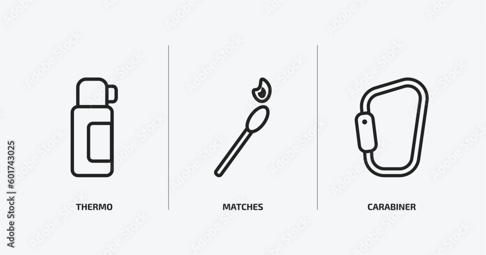 camping outline icons set. camping icons such as thermo, matches, carabiner vector. can be used web and mobile. camping outline icons set. camping icons such as thermo, matches, carabiner vector. can be used web and mobile.