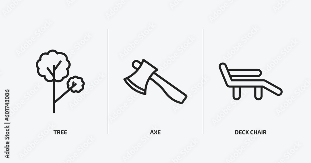 camping outline icons set. camping icons such as tree, axe, deck chair vector. can be used web and mobile. camping outline icons set. camping icons such as tree, axe, deck chair vector. can be used web and mobile.