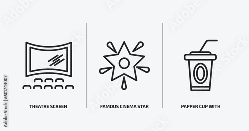 cinema outline icons set. cinema icons such as theatre screen, famous cinema star, papper cup with straw vector. can be used web and mobile.