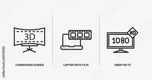 cinema outline icons set. cinema icons such as 3 dimension screen, laptop with film strip, 1080p hd tv vector. can be used web and mobile.