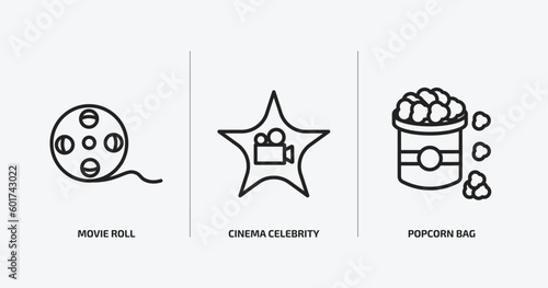 cinema outline icons set. cinema icons such as movie roll, cinema celebrity, popcorn bag vector. can be used web and mobile.