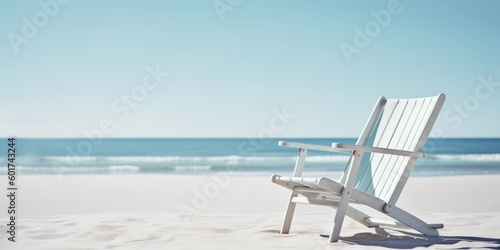 Beach chair on a beach with a view of an emerald and blue ocean. Generative AI.