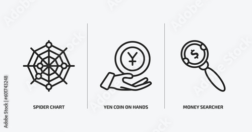 business outline icons set. business icons such as spider chart, yen coin on hands, money searcher vector. can be used web and mobile.