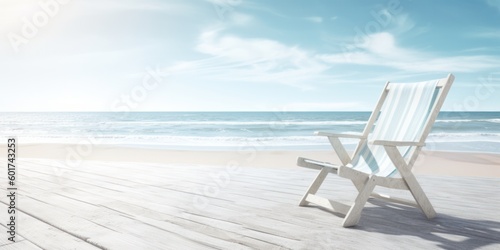 Beach chair on a beach with a view of an emerald and blue ocean. Generative AI.