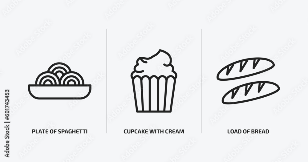 bistro and restaurant outline icons set. bistro and restaurant icons such as plate of spaghetti, cupcake with cream, load of bread vector. can be used web and mobile. bistro and restaurant outline icons set. bistro and restaurant icons such as plate of spaghetti, cupcake with cream, load of bread vector. can be used web and mobile.