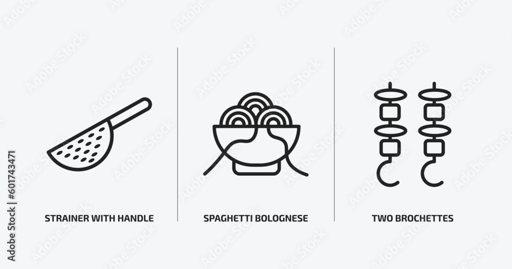 bistro and restaurant outline icons set. bistro and restaurant icons such as strainer with handle, spaghetti bolognese, two brochettes vector. can be used web and mobile.