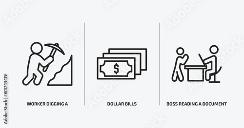business outline icons set. business icons such as worker digging a hole, dollar bills, boss reading a document vector. can be used web and mobile.
