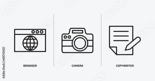 blogger and influencer outline icons set. blogger and influencer icons such as browser, camera, copywriter vector. can be used web and mobile.