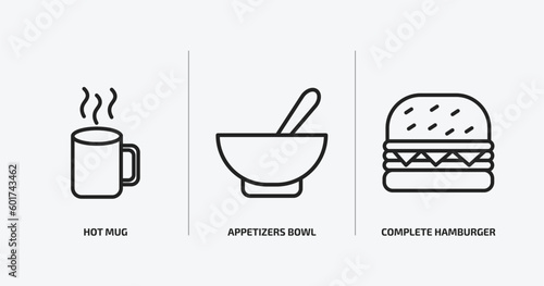 bistro and restaurant outline icons set. bistro and restaurant icons such as hot mug, appetizers bowl, complete hamburger vector. can be used web and mobile.