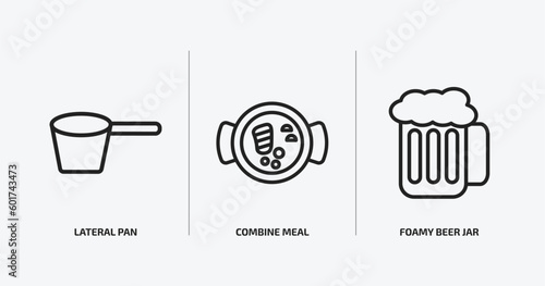 bistro and restaurant outline icons set. bistro and restaurant icons such as lateral pan, combine meal, foamy beer jar vector. can be used web and mobile.