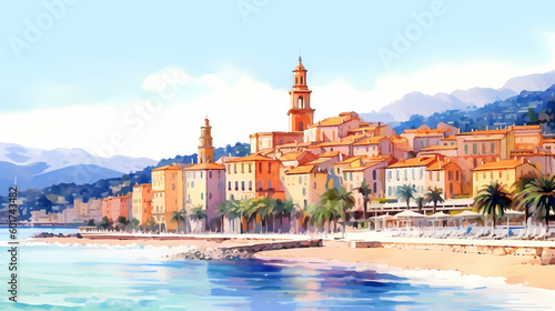 Obraz na płótnie Illustration of beautiful view of Menton, France w salonie
