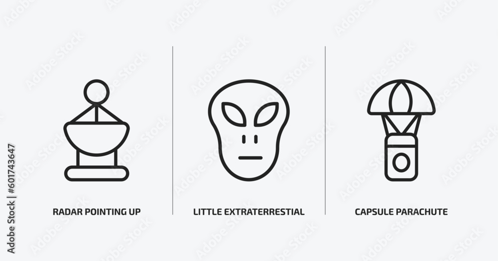 astronomy outline icons set. astronomy icons such as radar pointing up, little extraterrestial, capsule parachute vector. can be used web and mobile. astronomy outline icons set. astronomy icons such as radar pointing up, little extraterrestial, capsule parachute vector. can be used web and mobile.
