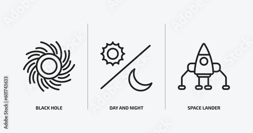 astronomy outline icons set. astronomy icons such as black hole, day and night, space lander vector. can be used web and mobile.