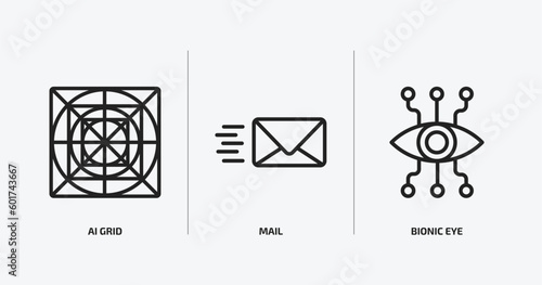 artificial intellegence outline icons set. artificial intellegence icons such as ai grid, mail, bionic eye vector. can be used web and mobile.