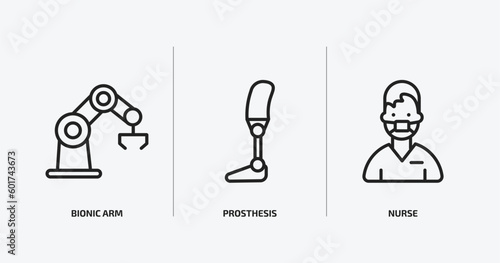 artificial intellegence outline icons set. artificial intellegence icons such as bionic arm, prosthesis, nurse vector. can be used web and mobile.