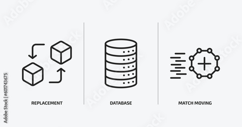 artificial intellegence outline icons set. artificial intellegence icons such as replacement, database, match moving vector. can be used web and mobile.