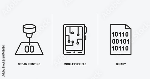 artificial intellegence outline icons set. artificial intellegence icons such as organ printing, mobile flexible display, binary vector. can be used web and mobile.
