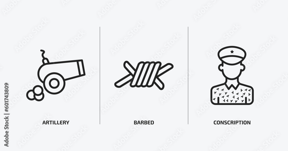 army and war outline icons set. army and war icons such as artillery, barbed, conscription vector. can be used web and mobile. army and war outline icons set. army and war icons such as artillery, barbed, conscription vector. can be used web and mobile.