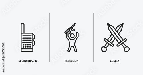 army and war outline icons set. army and war icons such as militar radio, rebellion, combat vector. can be used web and mobile.