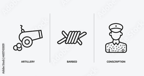 army and war outline icons set. army and war icons such as artillery, barbed, conscription vector. can be used web and mobile.