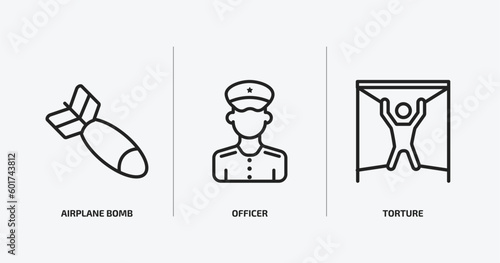 army and war outline icons set. army and war icons such as airplane bomb, officer, torture vector. can be used web and mobile.