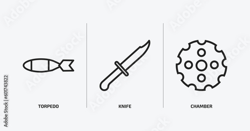 army and war outline icons set. army and war icons such as torpedo, knife, chamber vector. can be used web and mobile.
