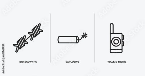 army and war outline icons set. army and war icons such as barbed wire, explosive, walkie talkie vector. can be used web and mobile. © Farahim