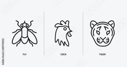 animals outline icons set. animals icons such as fly, cock, tiger vector. can be used web and mobile.