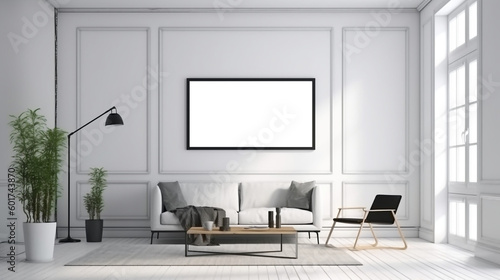 Blank wooden picture frame mockup on wall in modern interior. Vertical artwork template mock up for artwork, painting, photo or poster in interior design with Generative AI technology © The Picture House