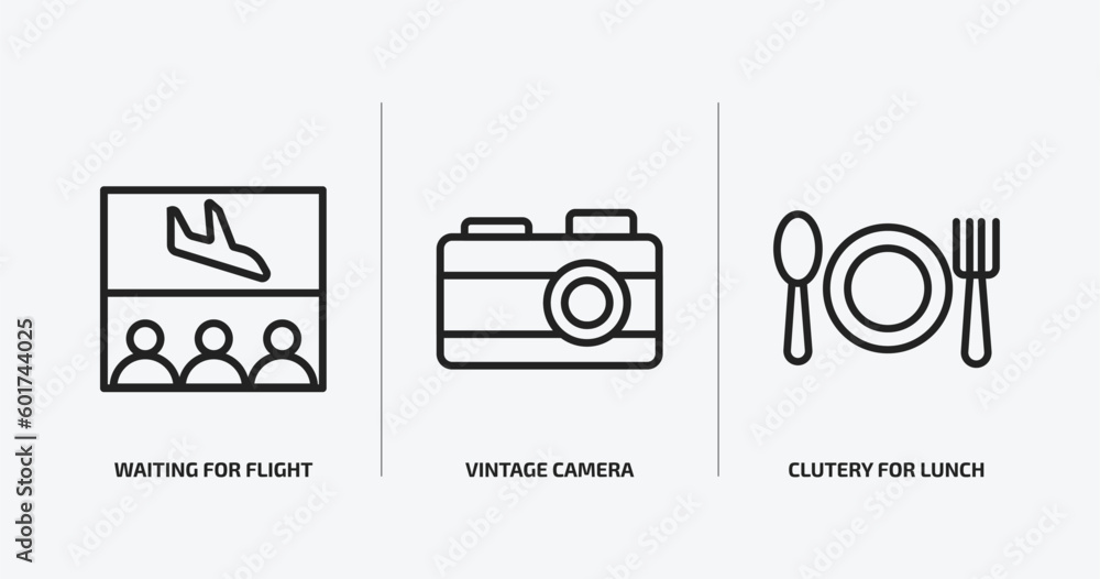 airport terminal outline icons set. airport terminal icons such as waiting for flight, vintage camera, clutery for lunch vector. can be used web and mobile.